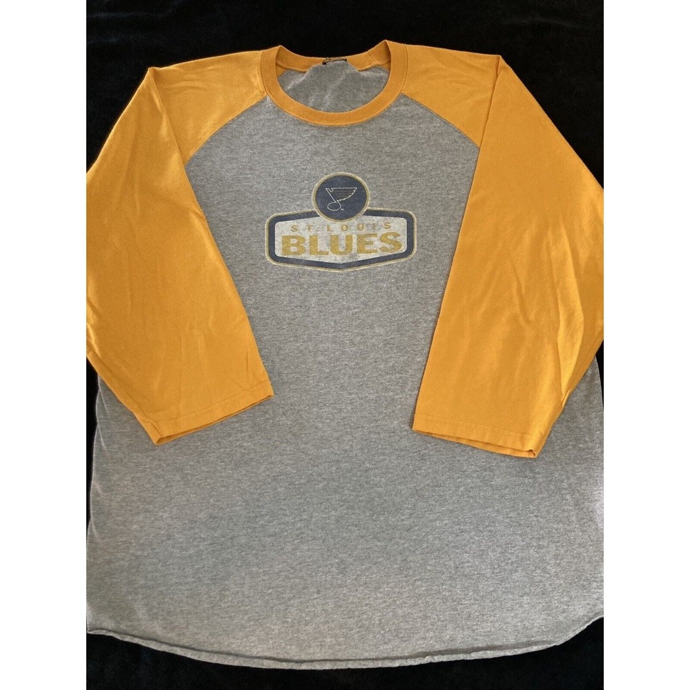 St Louis Blues Logo Shirt 3/4 Yellow Sleeve Tee Mens Gray Hockey Mens Large XL